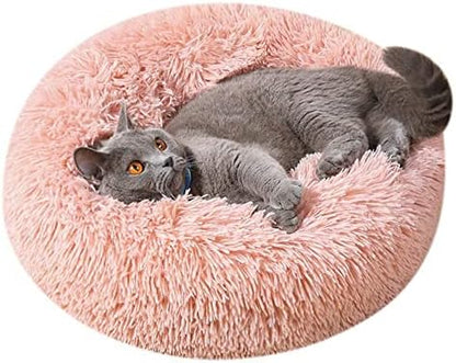 Large Cat Beds for Indoor Cats - Dog Beds for Small Medium Dogs, Anti Anxiety Round Fluffy Plush Faux Fur Pet Bed, Thick Bottom (Pink, Large 24" L x 24" W)