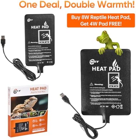 Besto 2 Pack Reptile Heat Pad, USB Powered Under Tank Terrarium Heating Mat (4"x7" 4W + 6"x8" 8W) Waterproof Reptile Heater for Turtle, Lizard, Hermit Crab, Frog, Snake, Small Mammals