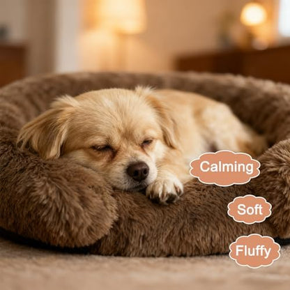 Calming Dog & Cat Beds with Orthopedic Egg-Crate Foam Raised Rim, Soft Fluffy Faux Fur Pet Bed for Small Medium Dogs, Anxiety Relief Spine Support, Machine Washable Cover (Round, Coffee 20")