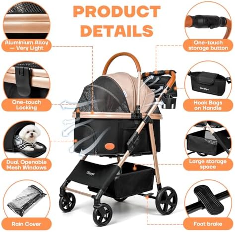 Dog Cat Stroller for Small/Medium Pets, 50 lbs, 3-in-1 Pet Stroller, Khaki