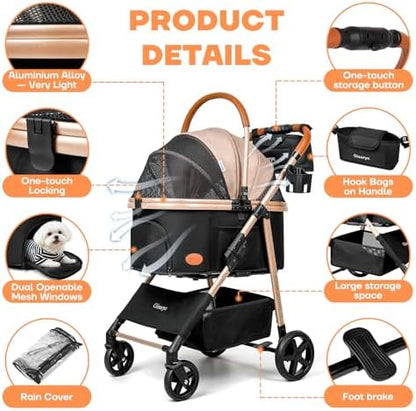 Dog Cat Stroller for Small/Medium Pets, 50 lbs, 3-in-1 Pet Stroller, Khaki