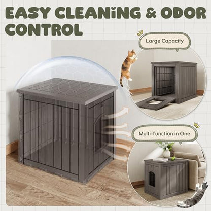 Cat Litter Box Enclosure, Plastic Hidden Litter Box Side Table with Openable Front Door, Waterproof & Weatherproof Cat House for Indoor & Outdoor Use (Gray)