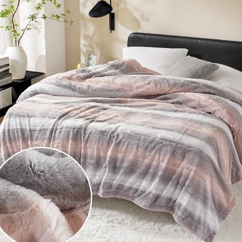 Madison Park Zuri Ultra Soft Faux Fur Queen Blanket Reversible, Blush/Grey