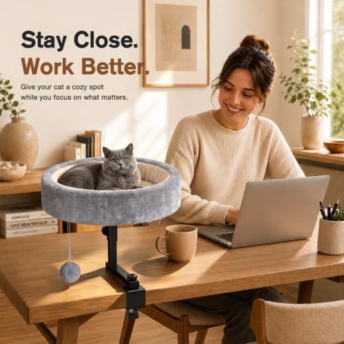 Chumajor Cat Desk Bed, 360° Rotating & Adjustable Cat Bed, 50 lbs, Grey