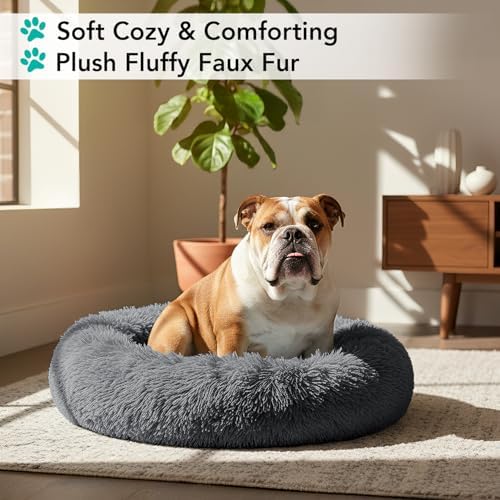 PetAmi Calming Donut Dog Bed, Washable Faux Fur, 30 Inch Medium, Grey