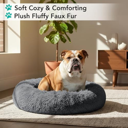 PetAmi Calming Donut Dog Bed, Washable Faux Fur, 30 Inch Medium, Grey