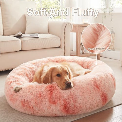 36 in Faux Fur Fluffy Donut Dog Bed for Large Dogs,Tie-dye Pink