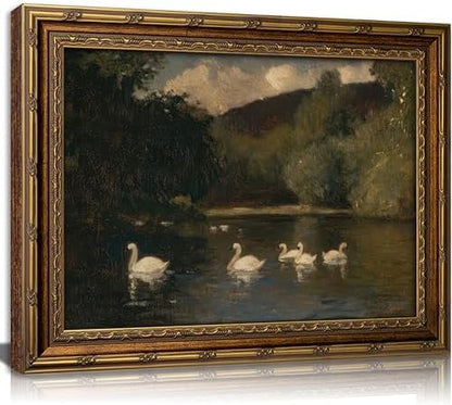 Vintage Gold Framed Swan Wall Art, Dark Moody Swans Lake Landscape Oli Painting Canvas Print, Antique Wildlife Bird Picture Wall Decor, Rustic Farmhouse Poster Artwork for Bedroom Living Room