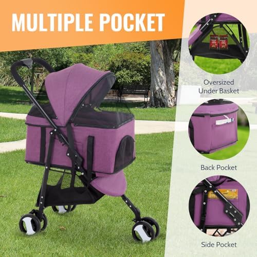 FDW 3 Wheels Pet Stroller 3 in 1 Multi-Function Dog Stroller Jogging Stroller with Detachable Carrier, Lightweight Travel Stroller for Small and Medium-Sized Pets, Purple