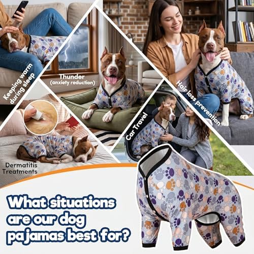 LovinPet Large Dog Bodysuits, Pet PJs, Paw-Some Steel Gray Print, 2XL