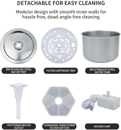 Cat Water Fountain Stainless Steel, 74oz/2.2L Automatic Pet Fountain with USB Pump & Replacement Filters, Ultra Quiet Indoor Water Dispenser for Cats, LED Monitoring Water Level