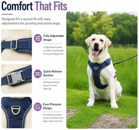 PawWave No Pull Dog Harness with Hidden AirTag Holder, Reflective Adjustable Vest Harness, Easy On-Off Design, Soft Breathable Mesh for Small Medium Large Dogs (Navy Blue, S)
