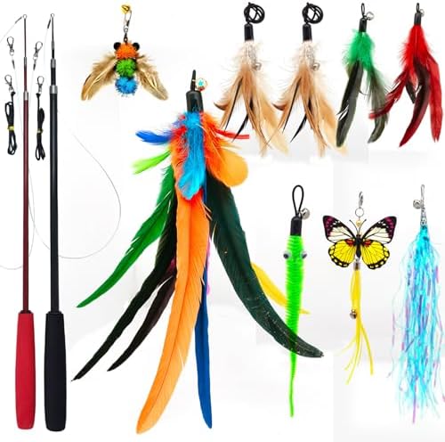 miwoowim 2PCS Retractable Cat Teaser Wands & 9PCS Feather Refills Toy Set