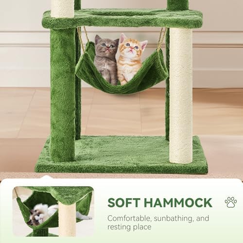 61" Cat Tree for with Green Leaves, Multi-Level Large Cat Tower with Hammock, Plush Cat House with Hang Ball Toy and Sisal Scratching Posts Furniture, Green