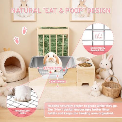 3-in-1 Rabbit Hay Feeder with Stainless Steel Litter Box, Wooden Bunny Hay Rack & Food Bowl Stand Combo, Low Entry Potty Trainer for Guinea Pigs, Includes 20 Pee Pads & 12 Carrot Treats