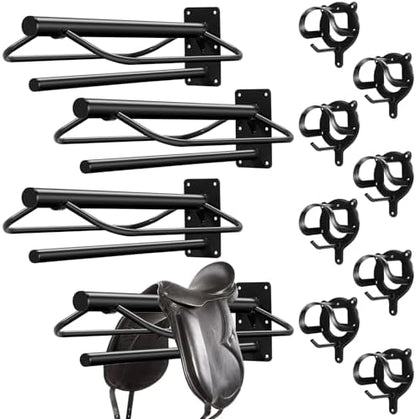 Paterr 12 Pack Saddle Rack Wall Mount with Pad Bar Horse Bridle Rack Metal Bracket Bridle Hooks Detachable Portable Saddle Stand Tack Storage for Western Horse Trailer Stall Supplies Accessories