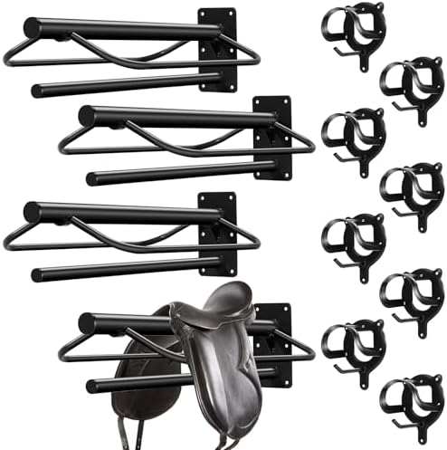 Paterr 12 Pack Saddle Rack Wall Mount with Pad Bar Horse Bridle Rack Metal Bracket Bridle Hooks Detachable Portable Saddle Stand Tack Storage for Western Horse Trailer Stall Supplies Accessories