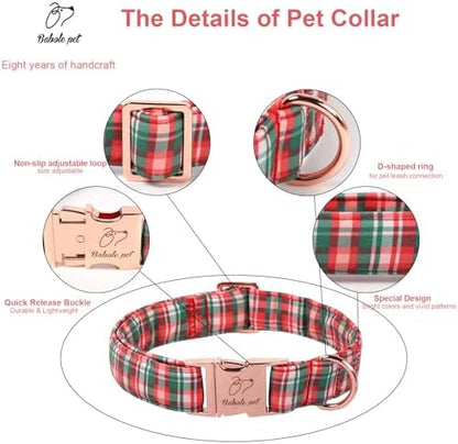 Christmas Plaid Dog Collar for Puppy Small Dogs - Green & Rose Tartan Christmas Collars for Dogs, Sweet Festive Winter Heavy-Duty Adjustable Dog Collars with Metal Buckle XS