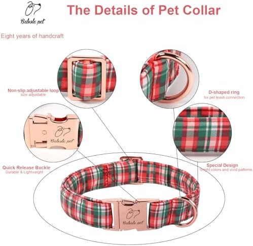 Christmas Plaid Dog Collar for Medium Dogs - Green & Rose Tartan Christmas Collars for Dogs, Sweet Festive Winter Heavy-Duty Adjustable Dog Collars with Metal Buckle M