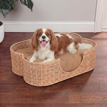 DBD1002B Scallop Handwoven Water Hyacinth Pet Bed with Machine Washable Cushion, 27" x 18.25" Wicker Cat and Dog Bed for Small to Medium Pets, Boho Tropical Style Basket, Light Brown