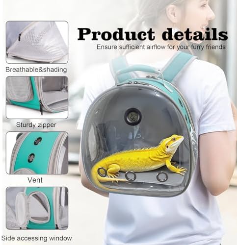 Back Extention Bearded Dragon Travel Backpack Carrier with Reptile Thermometer and Humidity Gauge Lizard Travel Cage Space Capsule Clear Bubble Window Astronaut Reptile Carrier Bag for Ball Python