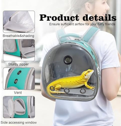 Back Extention Bearded Dragon Travel Backpack Carrier with Reptile Thermometer and Humidity Gauge Lizard Travel Cage Space Capsule Clear Bubble Window Astronaut Reptile Carrier Bag for Ball Python