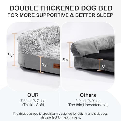 iweepet Fluffy Calming Orthopedic Dog Beds for Medium & Large Dogs, Supportive Dog Sofa Bed with 3.7 inch 28D Egg-Crate Foam, Removable Washable Plush Cover, Waterproof Lining, 41'',Grey