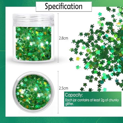 Laza 2g Chunky Glitter for St. Patrick's Day Clove Confetti Holographic Nail Charms Sequins Stickers Sparkle for DIY Crafts Nail Art Decoration Party Face Body Make Up Resin - Laser Green