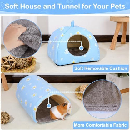 Guinea Pig Hideout, Bienbee Washable Rabbit Bed with Guinea Pig Tunnel, 2 Pack Guinea Pigs Toys Set Bunny Hideout Cage Accessories for Hamster Ferret Rabbits Bunny, Blue Daisy