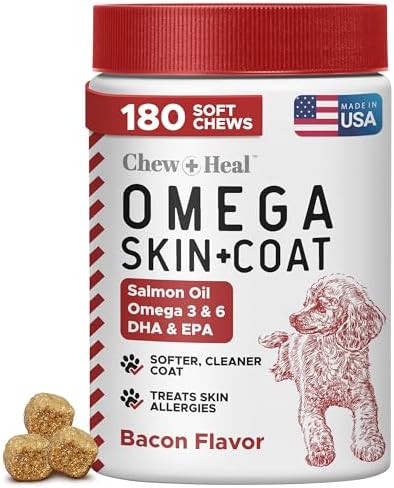 Omega 3 Fish Oil for Dogs, Bacon Flavor - 180 Soft Chews for Skin and Coat