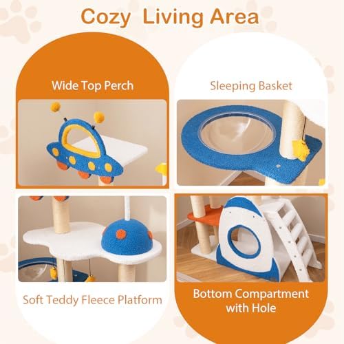 PETSITE 64.5 Inch Space-Themed Cat Tree, Multi-Level Cat Tower with Sisal Scratching Posts, UFO-Shaped Top Perch, Climbing Ladder, Hanging Star-Shaped Jingling Toys, Cute Cat Tree for Indoor Cats