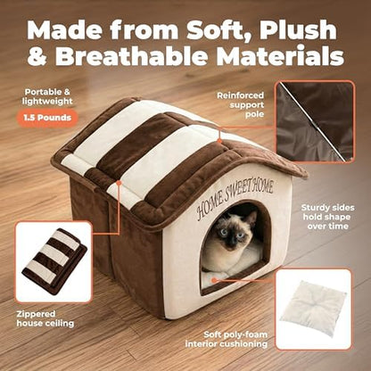 Best Pet Supplies Cat Bed for Indoor Cat, Domed Tent House with Removable Pillow, Covered Cat Cave for Small Dog, Puppies and All Breeds of Cats - Beige w/ Brown Stripes, 16 x 16 x H:14"