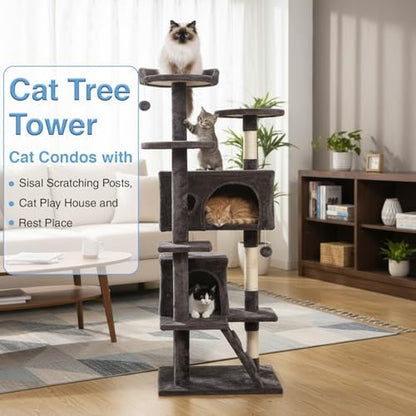 FDW | 54" Cat Tree Tower | Purple Gray | Multi-Level Indoor Activity Center with Sisal Scratching Posts, Condos, Plush Perches, Hanging Cat Toys | Sturdy, Easy to Assemble | for Kittens & Adult Cats