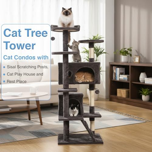 FDW | 54" Cat Tree Tower | Purple Gray | Multi-Level Indoor Activity Center with Sisal Scratching Posts, Condos, Plush Perches, Hanging Cat Toys | Sturdy, Easy to Assemble | for Kittens & Adult Cats