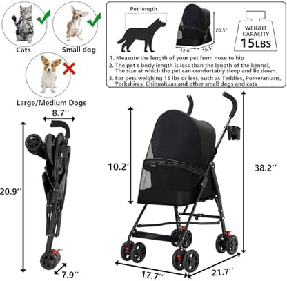 Cat Stroller Foldable Lightweight for Small Dogs Cats 0-15 lb Black