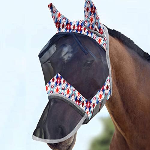 Harrison Howard LumiVista Horse Fly Mask Long Nose with Ears UV Protection for Horse Tribal Rhombus L Full Size