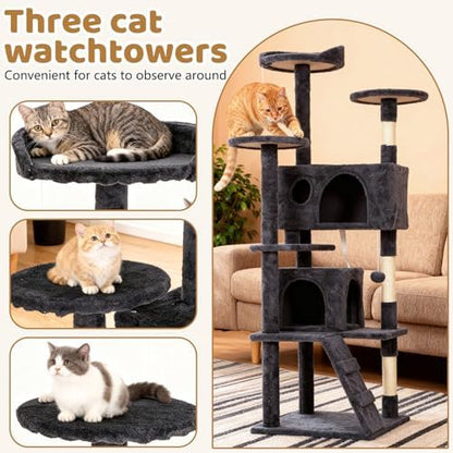 BestOffice 62 Inch Cat Tree, Multi-Level Cat Tower with Condo, Perches, Sisal Scratching Posts, Climbing Ladder,Indoor Activity Center Play House for Kittens & Adult Cats, Dark Gray