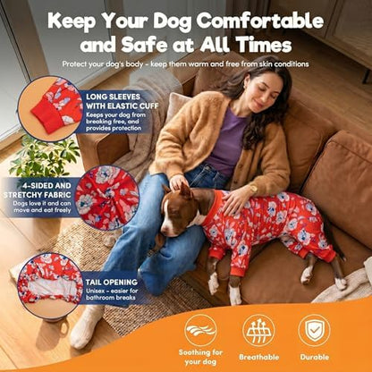 LovinPet Large Fat Dogs Pajamas Bodysuits, Red Peach Floral Print, L