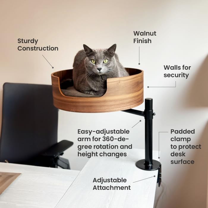 The Original Desk Mounted Cat Bed Attachment – Walnut Wood