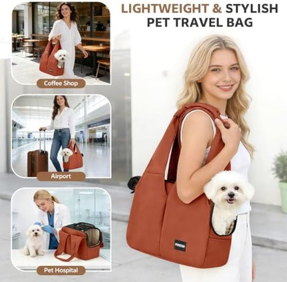 Dog Purse Carrier for Small Dogs and Cats, Soft-Sided Pet Tote Bag with 6 Large Pockets, Collapsible Travel Puppy Carrier with Small Cushion, Fits Pets up to 6 lbs (Caramel, 13.6" L x 6.6" W x 10" H)