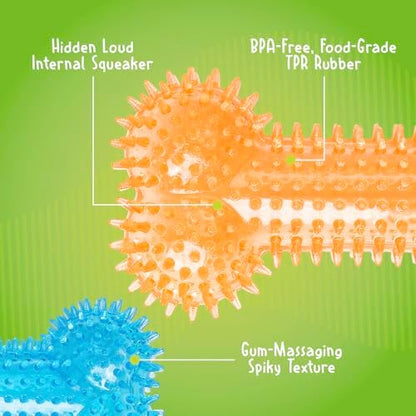 Gnawsome Dog Toys - 6.5” Spiky Squeaker Bone - Medium - Dental & Gum Wellness - Stimulating Fun - Hidden Squeaker - Durable for Heavy Chewers - 100% BPA-Free - Assorted Colors (Pack of 2)