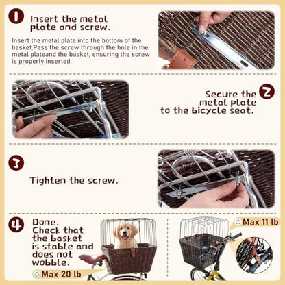 Wicker Dog Bike Basket for Small Dogs up to 8-10 Lbs, Flat-top
