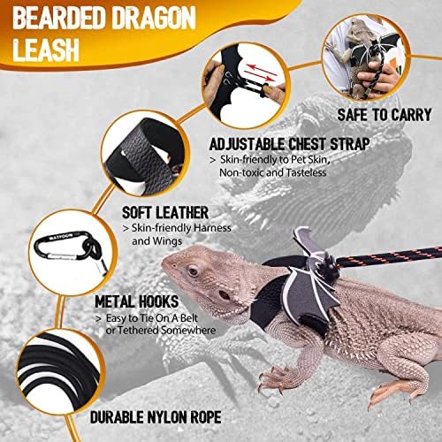 WATFOON Adjustable Lizard Leather Leash Harness and Bearded Dragon Carrier Sling, Reptile Small Pet Training Leashes and Beardie Snuggle Sling Bag for Outdoor Travel (L Black)