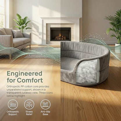 Large Dog Bed Cat Bed 20x30 Inch,Calming Pet Bed for Dogs & Cats,Machine Washable Dog Bed,Half-Enclosed Open-Top Velvet Anti-Anxiety Bed,Cozy Snuggle Bed (Grey)