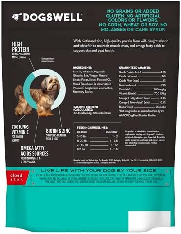 DOGSWELL Skin & Coat Mini Jerky Dog Treats, Salmon, 4 oz. Pouch