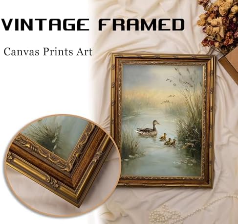 Vintage Gold Framed Duck Wall Art, Pond Ducks Oil Painting Canvas Print, Miniature Bird Wall Decor, Antique Animal Mallard Picture Poster, Rustic Farmhouse Artwork for Nursery Bedroom Living Room