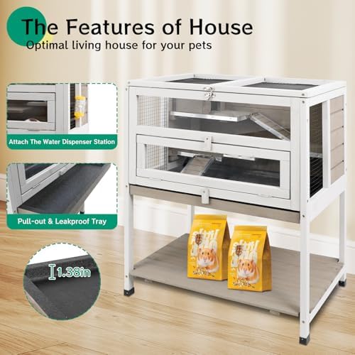 PetsCosset Guinea Pig Cages Hamster Cage Indoor with Stand Storage Wooden Outdoor Small Animals Habitat with Hideout House Pull Out Tray