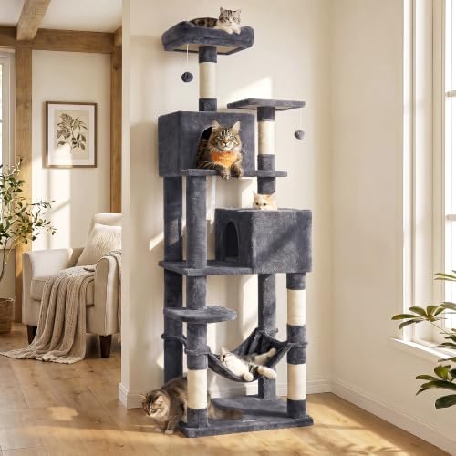 Feandrea Cat Tree, 73.2-Inch Cat Tower, Multi-Level Condo, Smoky Gray