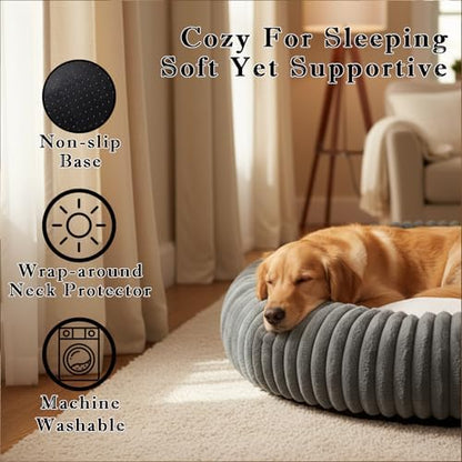 Short Plush Dog Bed Donut, Ultra-Soft & Machine Washable Dog Beds, Durable Round Calming Pet Bed for Cats and Small, Medium, Large Dogs (Dark Grey, X-Large)