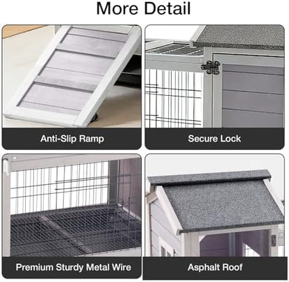 Rabbit Hutch Indoor Outdoor, Large Bunny Cage with Double House and Run, 10.4 ft² Guinea Pig House, Upgrade Deeper No-Leak Trays, On Wheels for Easy Moving